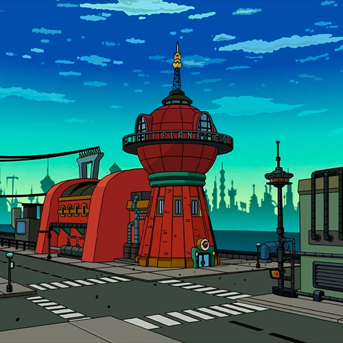 Imagen de la agencia de transporte planet express de la serie futurama.