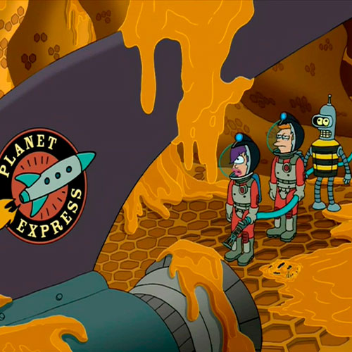 Imagen de leela, fry y bender al lado de la nave espacial planet express cubierto de miel en la serie futurama.