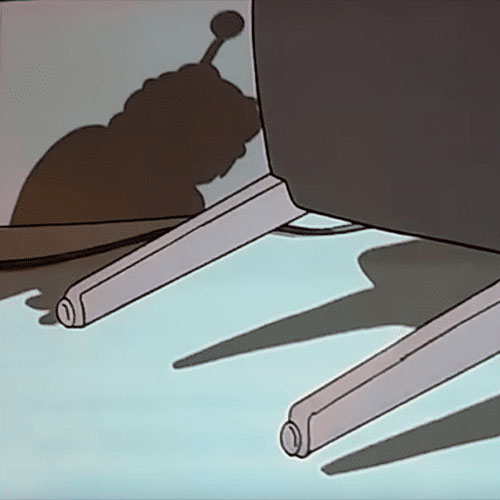 Imagen de la sombra de mordisquitos al lado de la silla donde se sienta fry en el primer capítulo de la serie futurama.