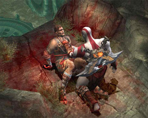 Imagen de Kratos sujetando un enemigo ensangrentado por el cuello en el juego God of War II.