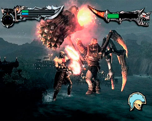 Imagen de Kratos enfrentándose a Ares en la batalla final del primer juego de God of War.