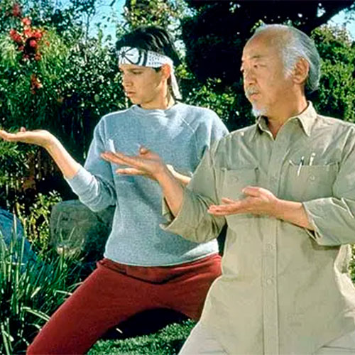 Imagen del señor miyagi entrenando a daniel larusso en la película the karate kid.