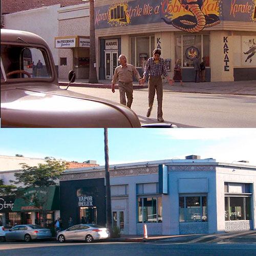Imagen de la localización del dojo de cobra kai durante el rodaje de la película the karate kid y el aspecto actual de la localización.