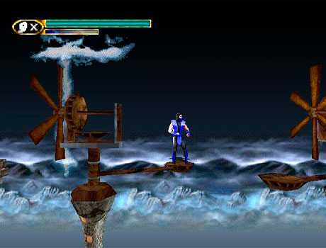 Imagen de Sub-Zero saltando de una plataforma a otra en el juego Mortal Kombat Mythologies.