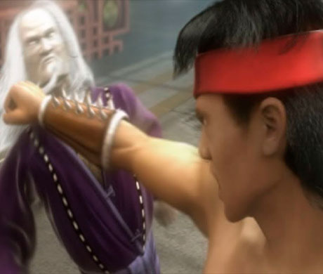 Imagen de Liu Kang luchando contra Shang Stung en el juego Mortal Kombat: Shaolin Monks.