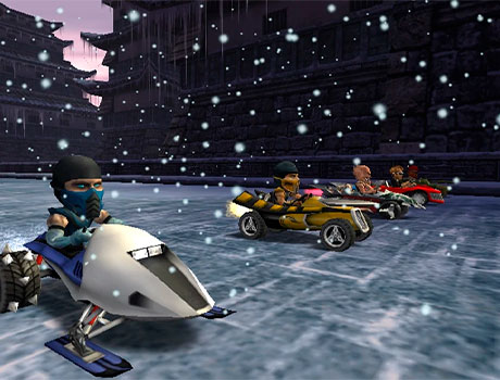 Imagen de varios personajes encima de sus vehículos en el minijuego Motor Kombat del juego Mortal Kombat: Armageddon.