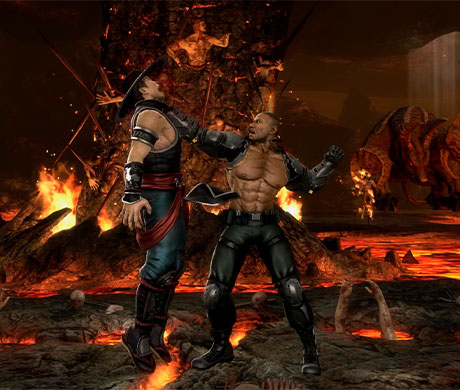 Imagen de Jax cogiendo a Kung Lao por la garganta con uno de sus movimientos de lucha en el juego Mortal Kombat 9.