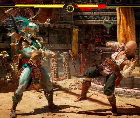 Imagen de Kotal Khan enfrentándose a Baraka en el juego Mortal Kombat 11.