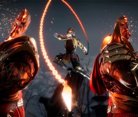 Imagen de Scorpion haciendo un Fatality a Shao Khan en el juego Mortal Kombat 11.