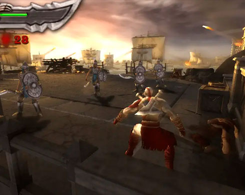 Imagen de Kratos enfrentándose a varios soldados enemigos en el juego God of War: Chains of Olympus.