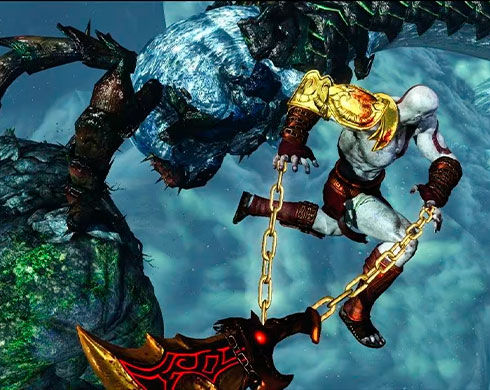 Imagen de Kratos luchando contra Poseidón en el juego juego God of War III.