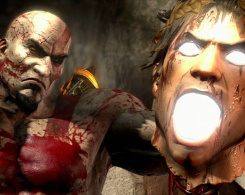 Imagen de Kratos sujetando la cabeza de Helios en el juego God of War III.