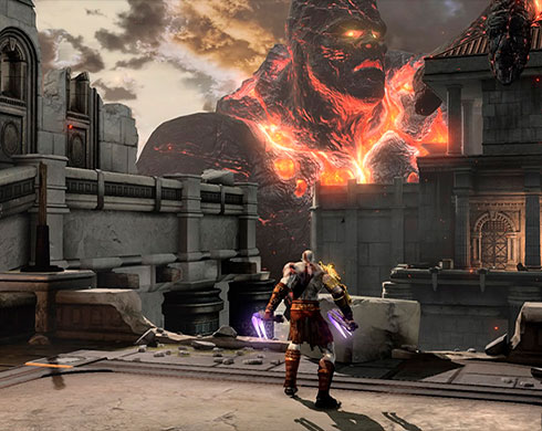 Imagen de Kratos observando a Perses desde lejos en el juego God of War III.