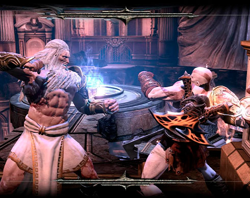 Imagen de Zeus y Kratos luchando en el juego God of War III.