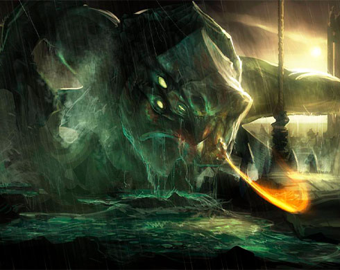 Imagen de una ilustración de Kratos enfrentándose al monstruo marino Escila en el juego God of War: Ghost of Sparta.