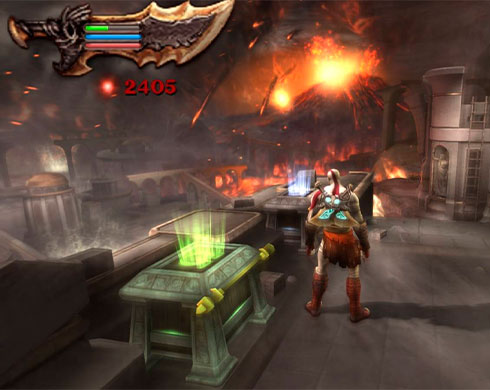 Imagen de Kratos al lado de un cofre en el juego God of War: Ghost of Sparta.