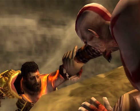 Imagen de Kratos salvando a su hermano Deimos de una caída en el juego God of War: Ghost of Sparta.