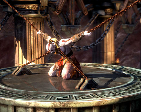 Imagen de Kratos encadenado en el juego God of War: Ascension.