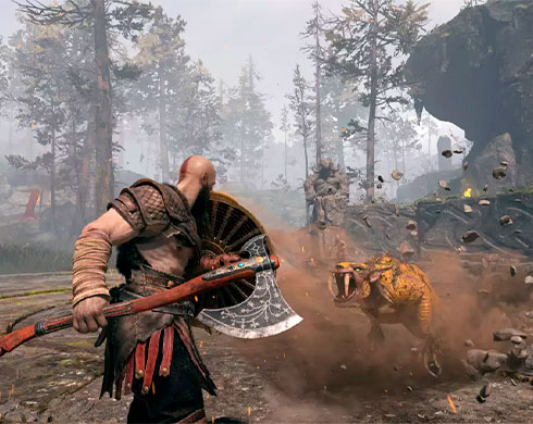 Imagen de Kratos luchando contra unas bestias en el juego God of War.