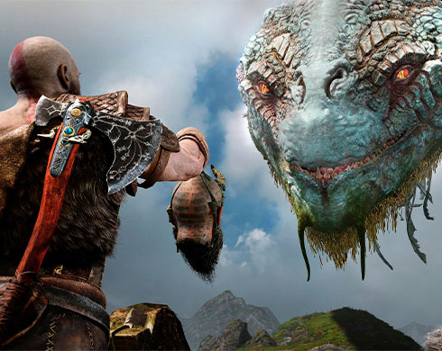 Imagen de Kratos sujetando la cabeza de Mimir hacia Jörmungandr para que hable con el en el juego God of War.