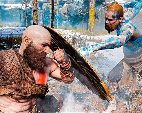 Imagen de Kratos protegiéndose de un puñetazo de Baldur con su escudo en el juego God of War.