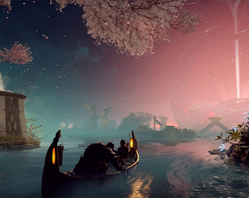 Imagen de Kratos remando un barco junto a su hijo Atreus a través de Alfheim en el juego God of War.