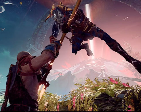 Imagen de Kratos luchando contra un elfo oscuro en el juego God of War.