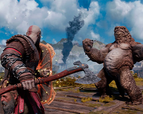 Imagen de Kratos enfrentándose a un Troll en el Juego God of War Ragnarök.