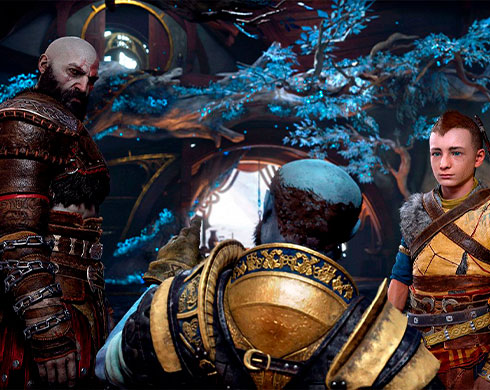 Imagen de Kratos y Atreus hablando con Brok en el Juego God of War Ragnarök.