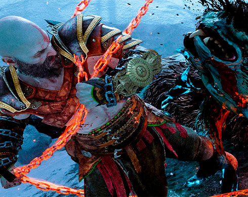 Imagen de Kratos enfrentándose a una bestia en el Juego God of War Ragnarök.