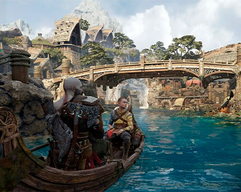 Imagen de Kratos, Mimir y Atreus viajando en barco en el Juego God of War Ragnarök.