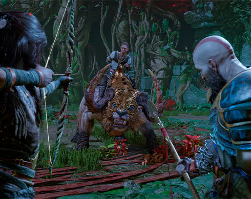 Imagen de Freya y Kratos apuntando sus armas a Heimdall en el Juego God of War Ragnarök.
