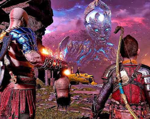 Imagen de Kratos, Mimir y Atreus observando un gigante en el Juego God of War Ragnarök.