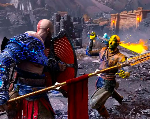 Imagen de Kratos luchando contra varios enemigos en el DLC God of War Valhalla.