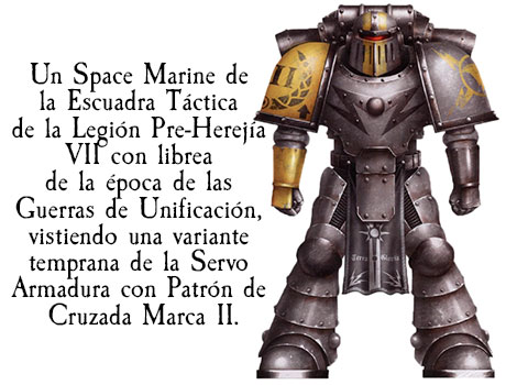 Imagen de una ilustración de un Space Marine con una de las primeras Servo Armaduras que tuvieron.