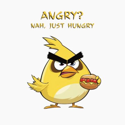 Yellow Amarillo de Pájaro Cabreado tomando un perrito caliente