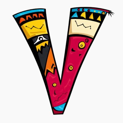 Monograma Letra V divertida, colorida, tribal y contemporánea