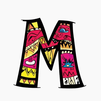 Monograma Letra M divertida, colorida, tribal y contemporánea