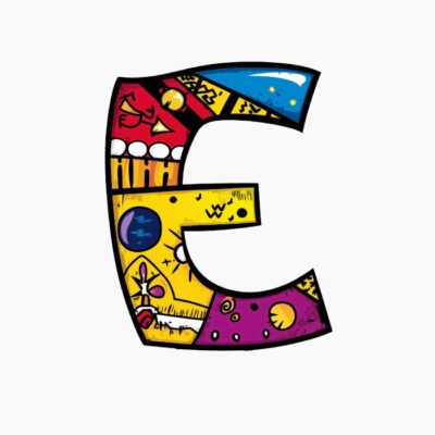 Monograma Letra E divertida, colorida, tribal y contemporánea