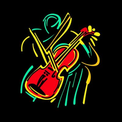 violonchelo en arte de linea, minimalista, colores base, fondo negro