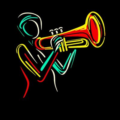Trompeta en arte de linea, minimalista, colores base, fondo negro