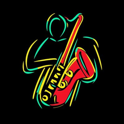Saxo en arte de linea, minimalista, colores base, fondo negro