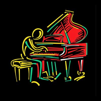 Piano en arte de linea, minimalista, colores base, fondo negro