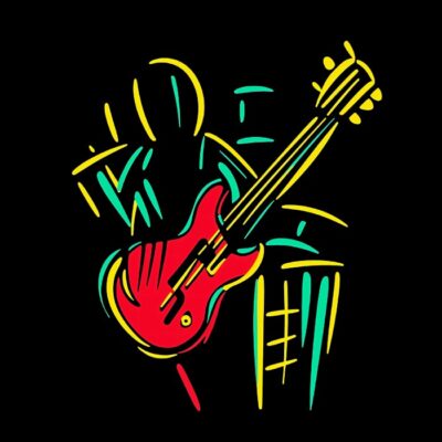 Guitarra  en arte de linea, minimalista, colores base, fondo negro