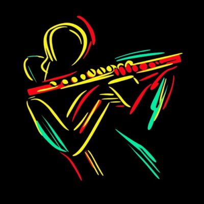 Flauta en arte de linea, minimalista, colores base, fondo negro