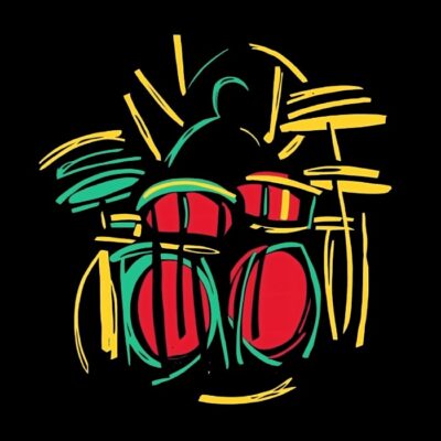 Batería en arte de linea, minimalista, colores base, fondo negro