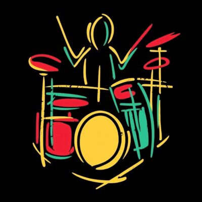 Batería  en arte de linea, minimalista, colores base, fondo negro