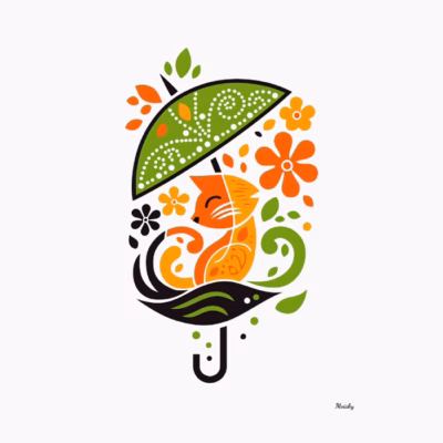 Gato bajo paraguas con flores naranjas – diseño encantador y minimalista para camiseta