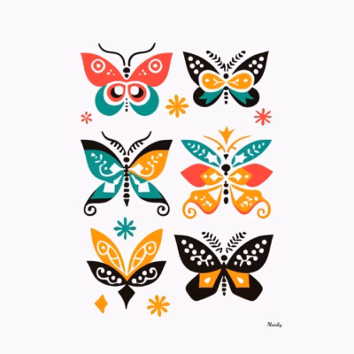 Mariposas simétricas estilo folk – arte colorido para camisetas femeninas con encanto