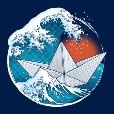 Paper boat sailing on Hokusai wave
